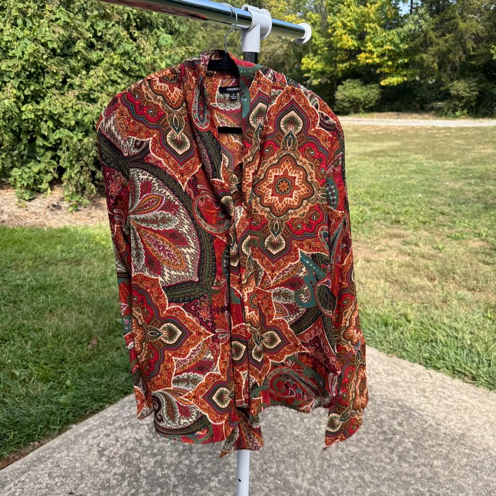Premise Paisley Tie Neck Blouse Boho Modern‎ Women Size M Red Orange Multicolor